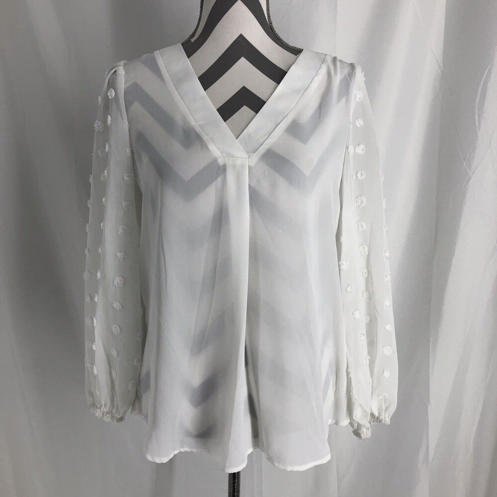 Miss Sparkling White V Neck Dotted Sleeve Top Large